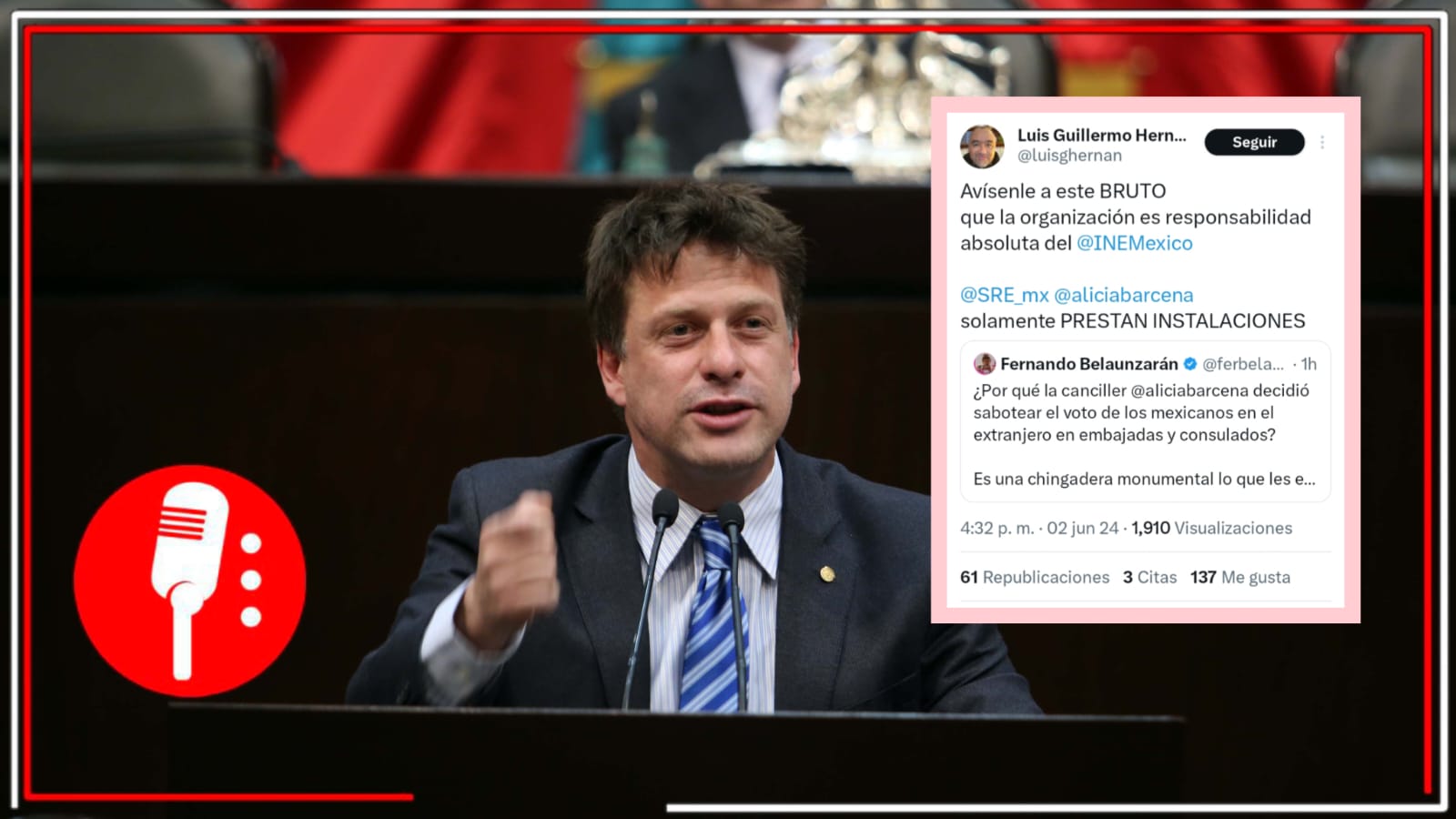 La derecha sigue aferrada a su falsa narrativa: Desmienten a Fernando Belaunzarán, quien insinúa que el gobierno “sabotea” el voto de mexicanos en el extranjero en las embajadas y consulados; la SRE presta sus instalaciones
